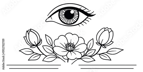Hand drawn line art set featuring an eye with eyelashes and a floral arrangement of flowers, buds, and leaves for spiritual and aesthetic designs