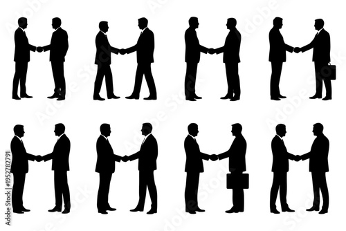 Silhouette illustrations of businessmen handshaking in various poses.