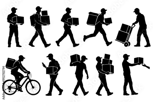 Silhouettes of delivery workers: diverse actions and methods.