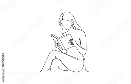 one continuous line drawing of a girl reading a book and sitting on the floor.