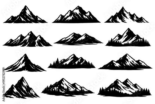 Collection of black mountain silhouette illustrations with varied peaks and forests.