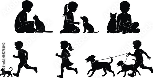 Children with pets silhouette vector illustration, kids playing with dogs and cats, animal companionship graphic design, friendship bond symbol artwork
