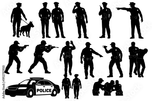 Silhouettes of police officers and k9 in various action poses.