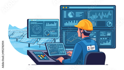 Solar Power Monitoring: A skilled technician diligently monitors data on computer screens, overseeing the functionality of solar panels.