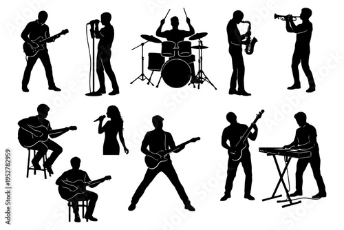 Silhouettes of musicians: diverse instruments and performers in action.