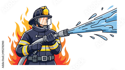 Firefighter at Work: A brave firefighter fearlessly battles raging flames with a powerful water stream, showcasing courage and dedication in the face of danger.