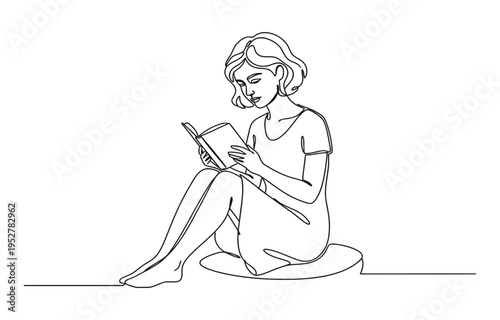 one continuous line drawing of a girl reading a book and sitting on the floor.