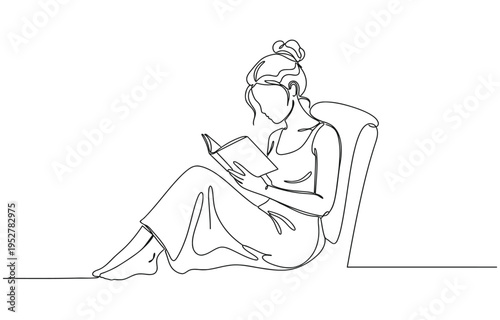 one continuous line drawing of a girl reading a book and sitting on the floor.