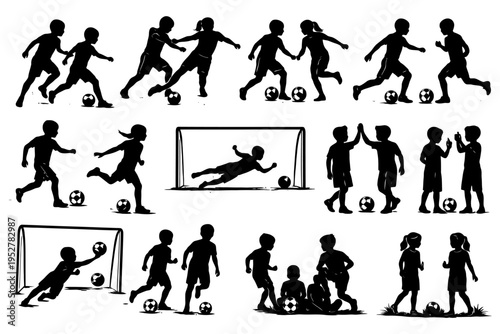 Silhouette of children playing soccer in various poses and activities.