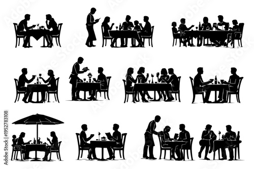 Silhouette of diverse dining scenarios with families, couples, and waitstaff.