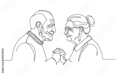 Elderly overweight man and woman with stick. Continuous one line drawing.