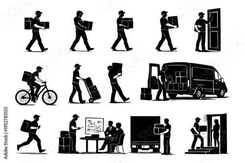 Silhouette delivery workers with packages and van in various actions.