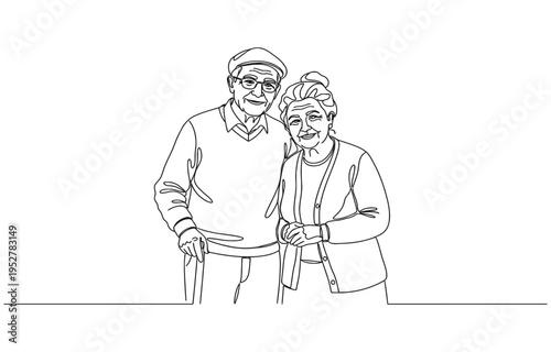 Elderly overweight man and woman with stick. Continuous one line drawing.