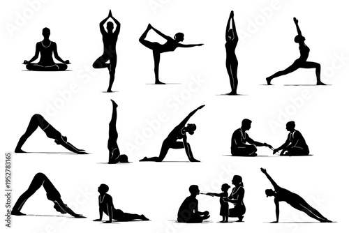 Silhouette yoga poses demonstrated by various individuals in different positions.