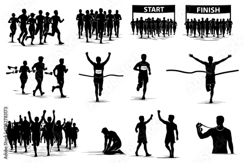 Silhouette marathon sequence: from start to finish with victory celebrations.