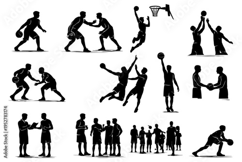 Silhouettes of male basketball players in various action poses.