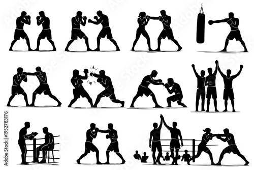 Silhouettes of boxers in training and competition scenes.