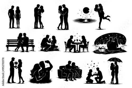 Romantic silhouettes of couples in various loving scenes.