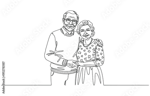 Elderly overweight man and woman with stick. Continuous one line drawing.
