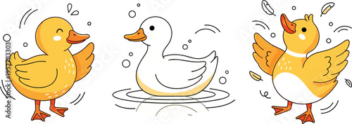 Cute little duckling vector illustration set featuring happy yellow ducks swimming and playing for children book nursery decor stickers and animal character design.