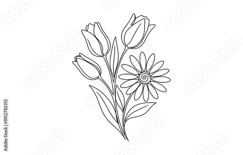 One Line Vector Drawing of Tulip Flowers. 