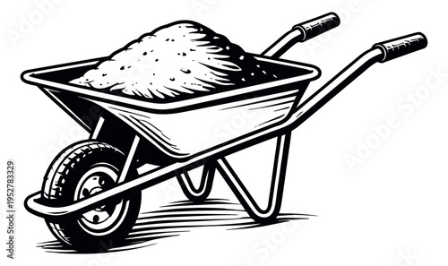 Hand drawn illustration of a wheelbarrow depicting a load of soil for gardening and construction