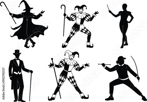 Fantasy wizard silhouette, jester harlequin costume, gentleman with cane, martial artist fencer, vector illustration, character archetypes, performance, combat, magic, playful design