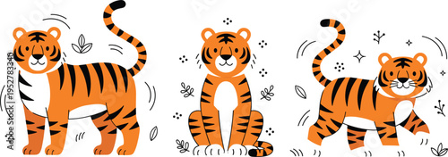 Cute tiger character vector illustration set featuring happy orange striped tigers in standing sitting and walking poses for kids nursery decor and lunar new year stickers.
