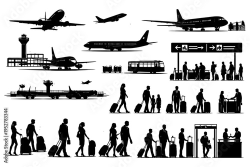 Black silhouettes of travelers and airplanes at airport with terminal signs and luggage.