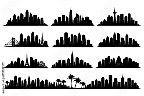 Iconic city skylines silhouette collection featuring global landmarks.