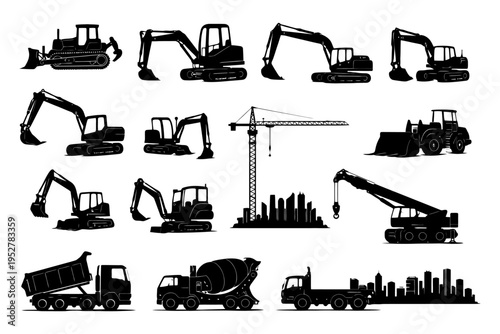 Construction vehicles silhouettes: excavators, cranes, bulldozers, trucks, city skyline.