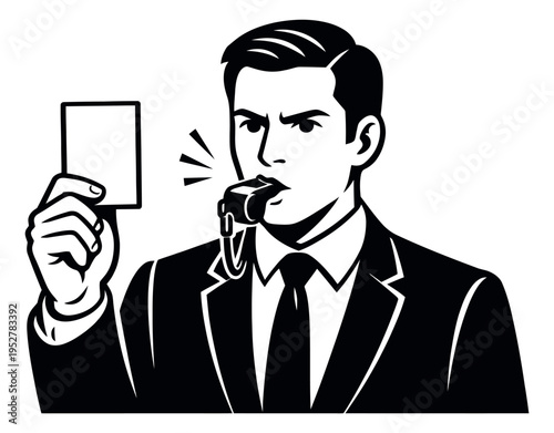 Graphic illustration of a referee depicting blowing a whistle and showing a penalty card for sports officiating