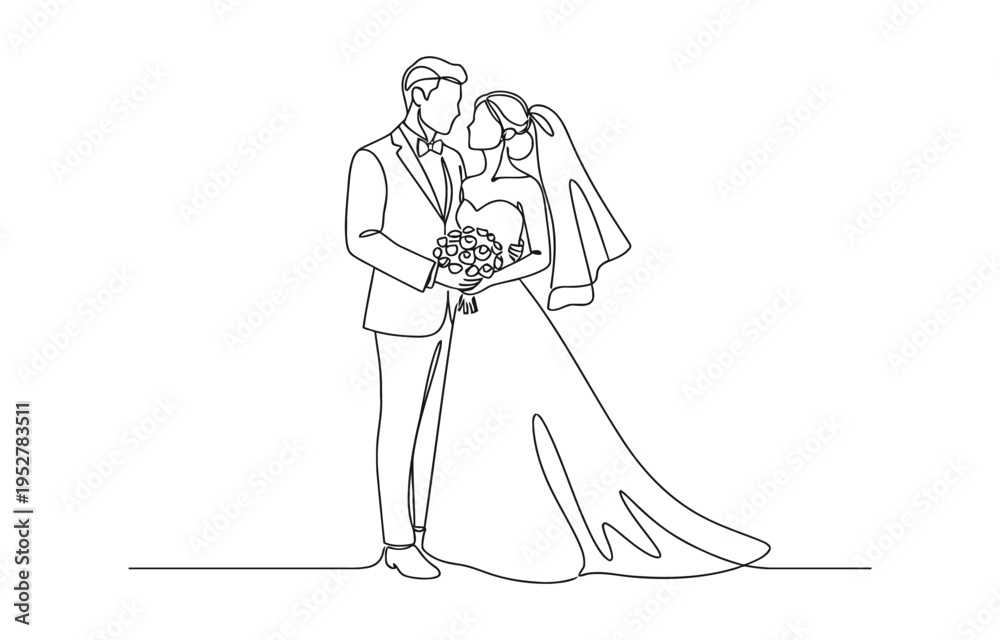 Obraz premium wedding couple in continuous one line drawing.