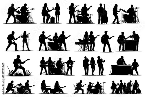 Silhouette band scenes: musicians playing instruments and singing.