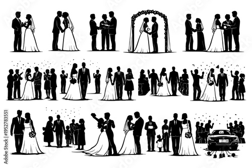 Silhouette wedding scenes with bride groom and guests celebrating ceremony.