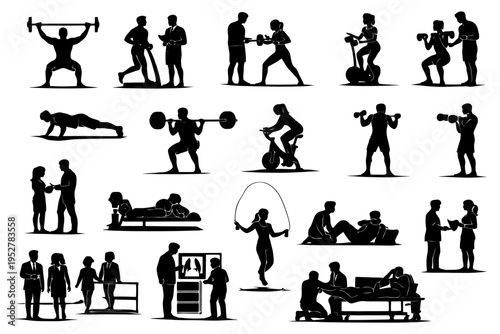 Silhouette set of diverse fitness and exercise activities.