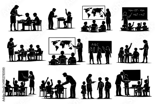 Silhouettes of teachers and students in classroom settings.
