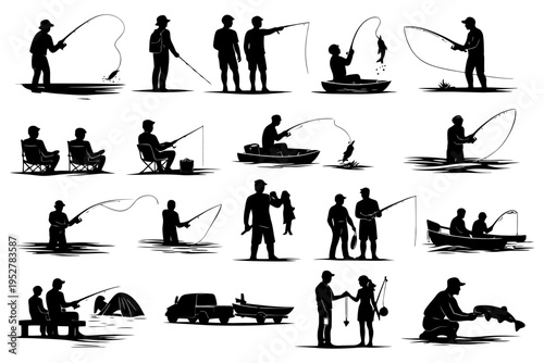 Silhouettes of diverse fishing activities and recreational scenes.