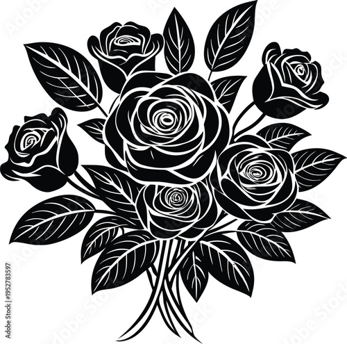 Black and white vector rose bouquet illustration
