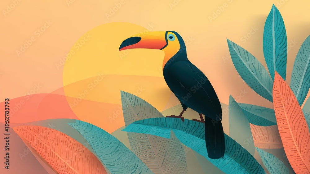Naklejka premium Colorful toucan perched on vibrant leaves with a warm sunset background in a tropical landscape, showcasing a modern and artistic design style
