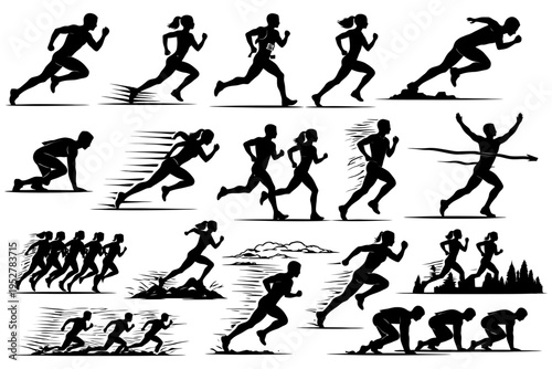 Dynamic silhouettes of runners in motion - athletic action.