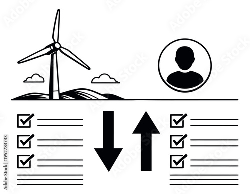 Line art environmental management set featuring a wind turbine, user profile, checklists, and arrows for sustainable development