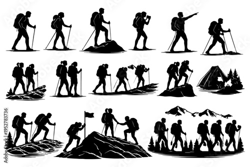 Silhouettes of hikers with backpacks and walking sticks in various mountainous landscapes.