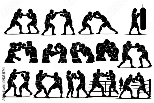 Silhouettes of boxing techniques and sparring poses in black and white.