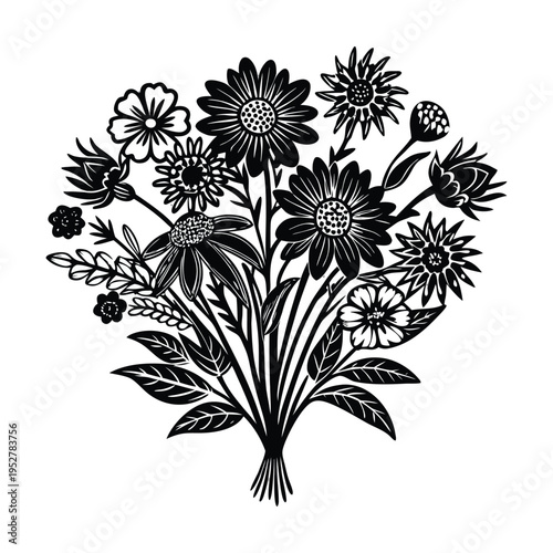 Black and white vector floral bouquet illustration