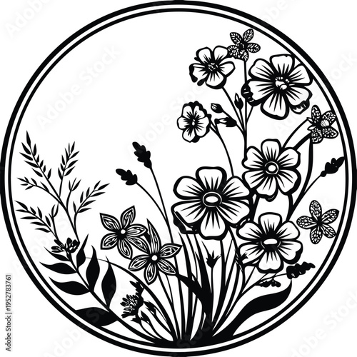 Black and white floral circle icon vector