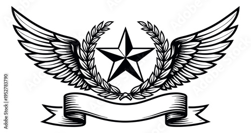 Graphic illustration of an emblem depicting wings, a star, laurel wreath, and banner for recognition and branding