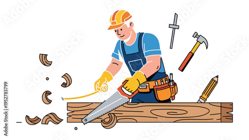 Crafting with Precision: A skilled artisan, clad in a protective hard hat and gloves, meticulously saws through a wooden plank with focused determination, surrounded by tools of his trade.