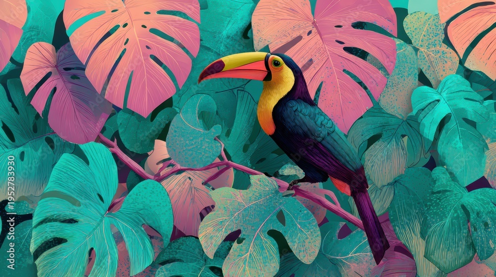 Naklejka premium Vibrant Tropical Toucan Perched Among Colorful Jungle Foliage and Lush Green Leaves in Artistic Style