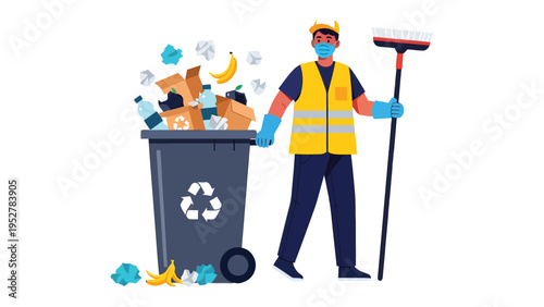 Eco-Conscious Cleanliness: A sanitation worker diligently manages a brimming recycling bin, sweeping debris, showcasing commitment to environmental preservation.